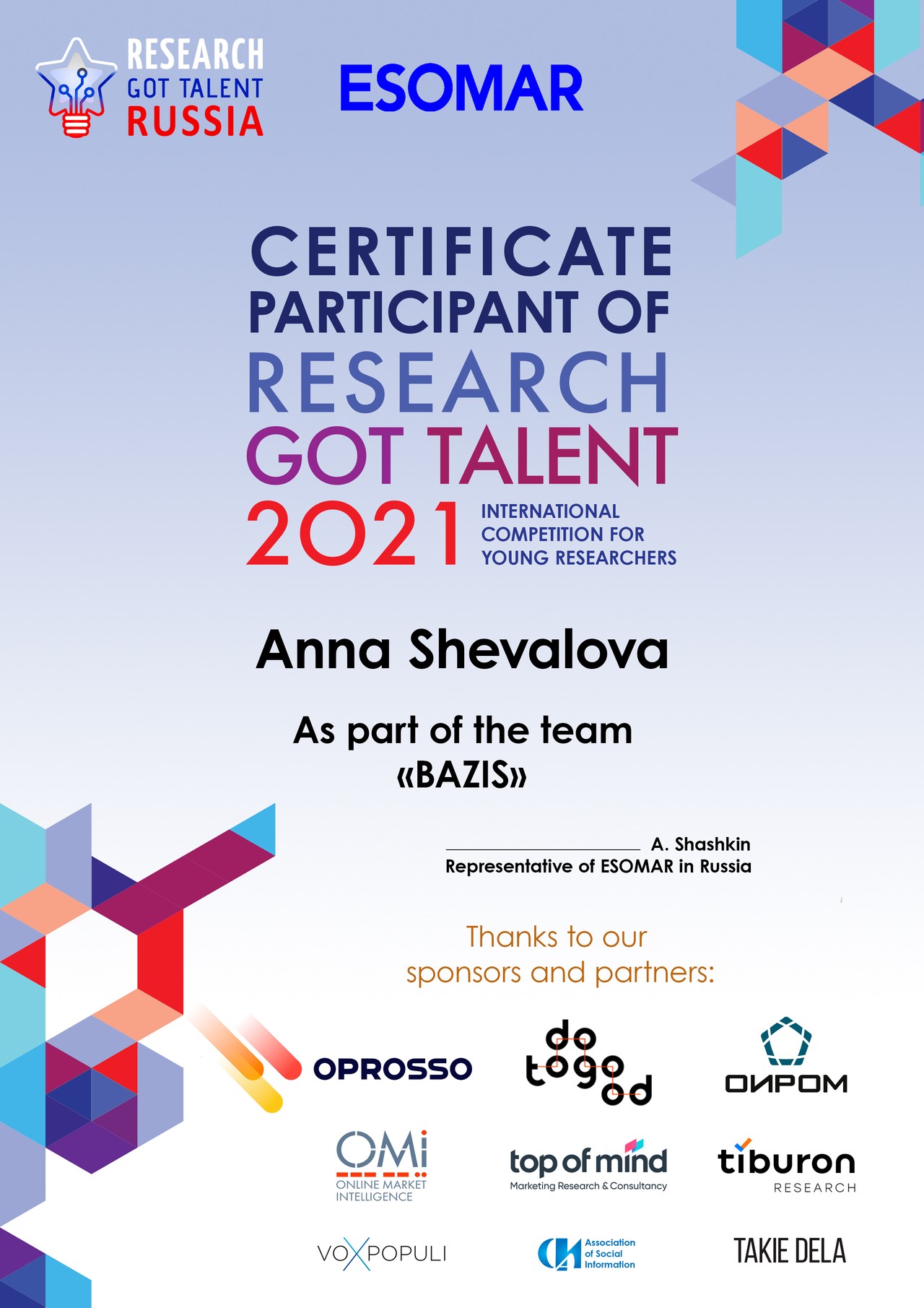 ESOMAR Award for Bazis team, Research Got Talent, Anna Shevalova