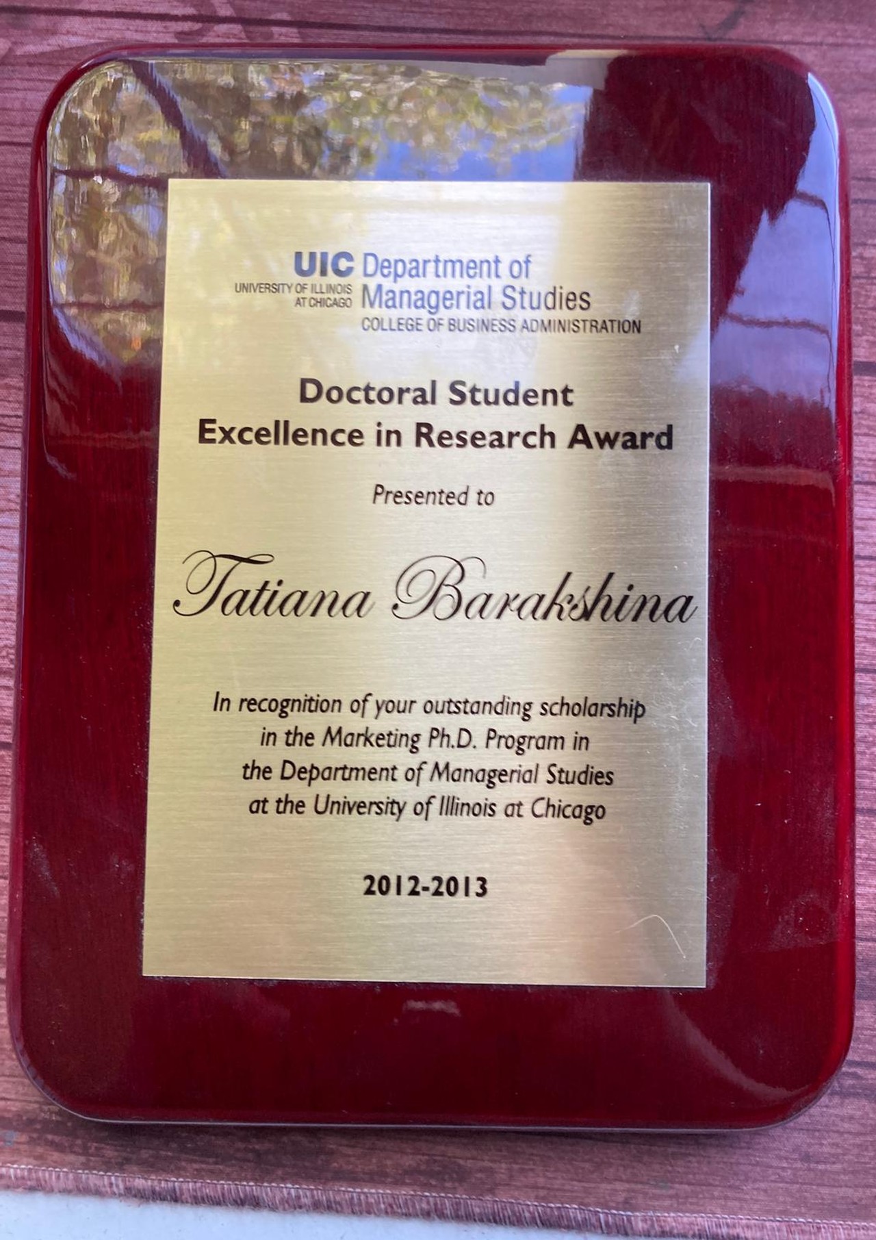 Doctoral student excellence in research award, Tatiana Barakshina, UIC, University Of Illinois At Chicago